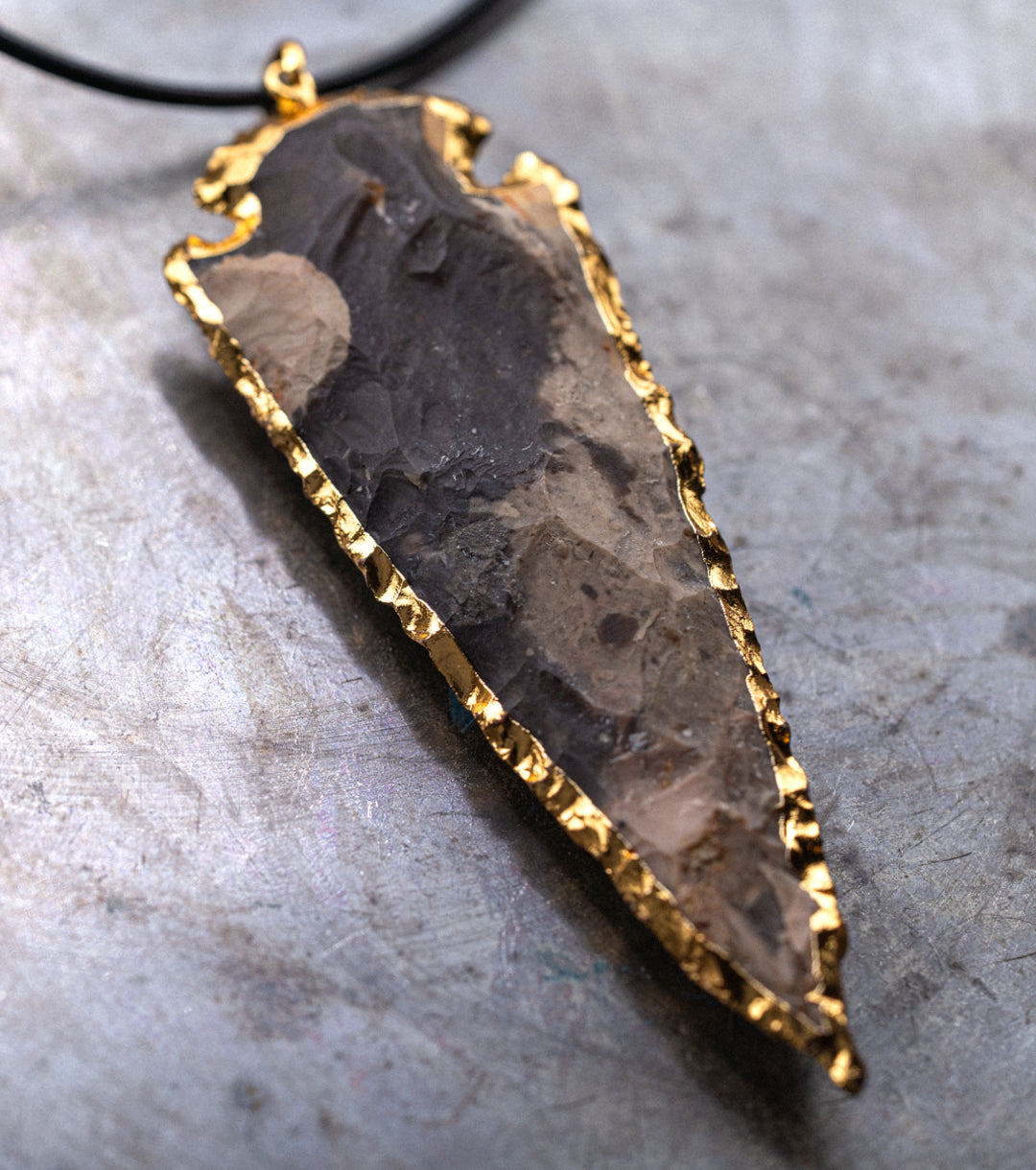 Spearhead Purple Jasper, Gold & Black Leather Necklace